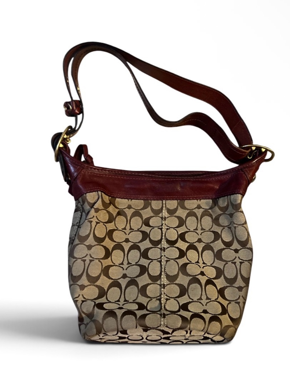 Coach Canvas Shoulder Bag with Brown and Maroon Leather Trim
